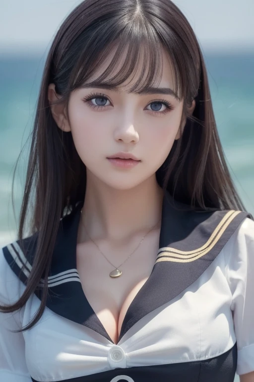 1 girl, (highest quality:1.4), (super detailed), (Highly detailed beautiful face), wonderful face and eyes, black eye, black hair, (sailor suit), (cleavage), Smooth, Highly detailed CG integrated 8k wallpaper, High resolution raw color photos, professional photos, light, Backlight, dream-like, impressive, Depth of bounds written