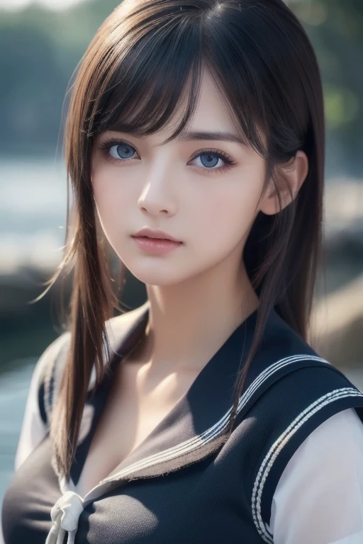 1 girl, (highest quality:1.4), (super detailed), (Highly detailed beautiful face), wonderful face and eyes, black eye, black hair, (sailor suit), (cleavage), Smooth, Highly detailed CG integrated 8k wallpaper, High resolution raw color photos, professional photos, light, Backlight, dream-like, impressive, Depth of bounds written