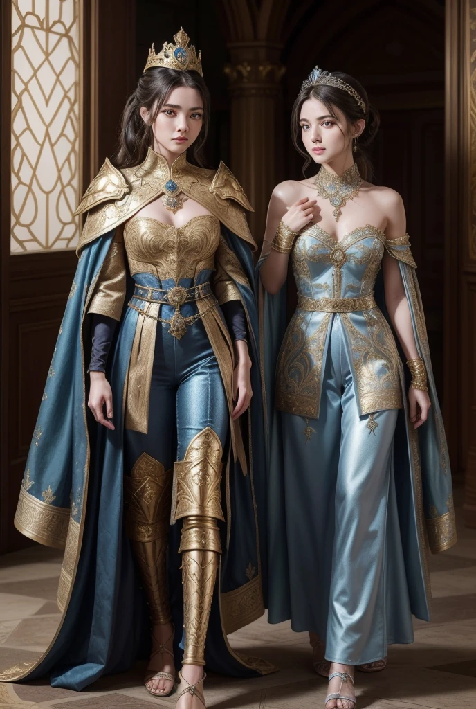 two women, twins, in costumes are standing in a room, as lady mechanika, static Prometheus frame, blue body paint, cyberpunk ornaments, Aztec Empress, cinematic details, guards, balcony scene, solarpunk, by Leon Wyczółkowski, sisters, Japanese cgi, Kazakh empress, character close-up