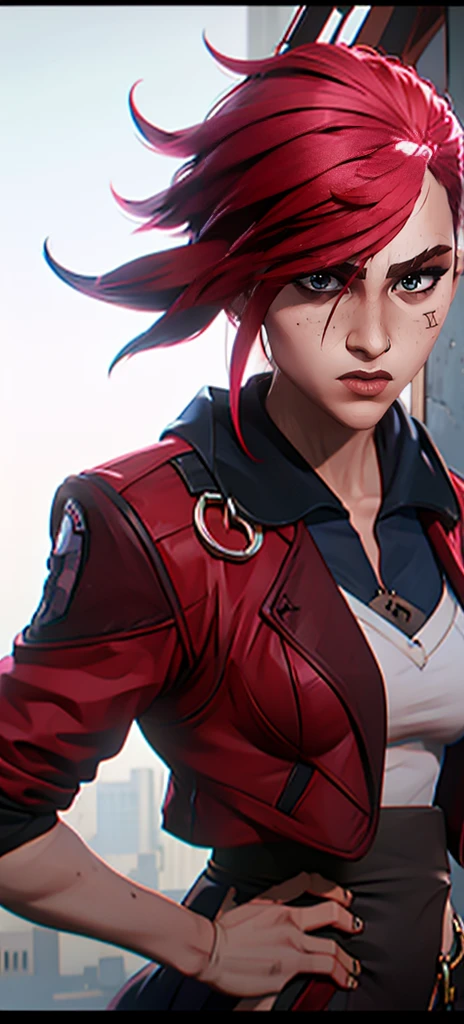 portraite of a, A girl,), portraite of a, A girl,), neon city, facial focus, enthusiasm, closeup face, Girl with short red hair. Saw from Arcane. red jacket. Saw from Arcane. redhead hair, Short hair, ( sharp eyes, perfect face (),(perfect anatomy, Correct proportions) Very detailed face, Very beautiful face, Very sexy ass, medium breasts, wide waist, tmasterpiece,beste-Qualit,higly detailed, 8K resolution (((showing big ass)) ) (((half naked)))