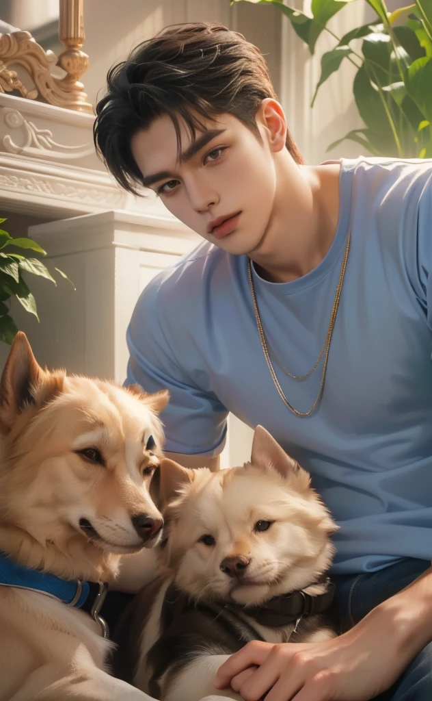 Boy lying on bed with wolfs