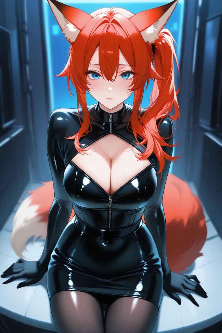 Red haired girl with cat ears, big body, with a black leather suit attached to the body, showing nipples and vagina