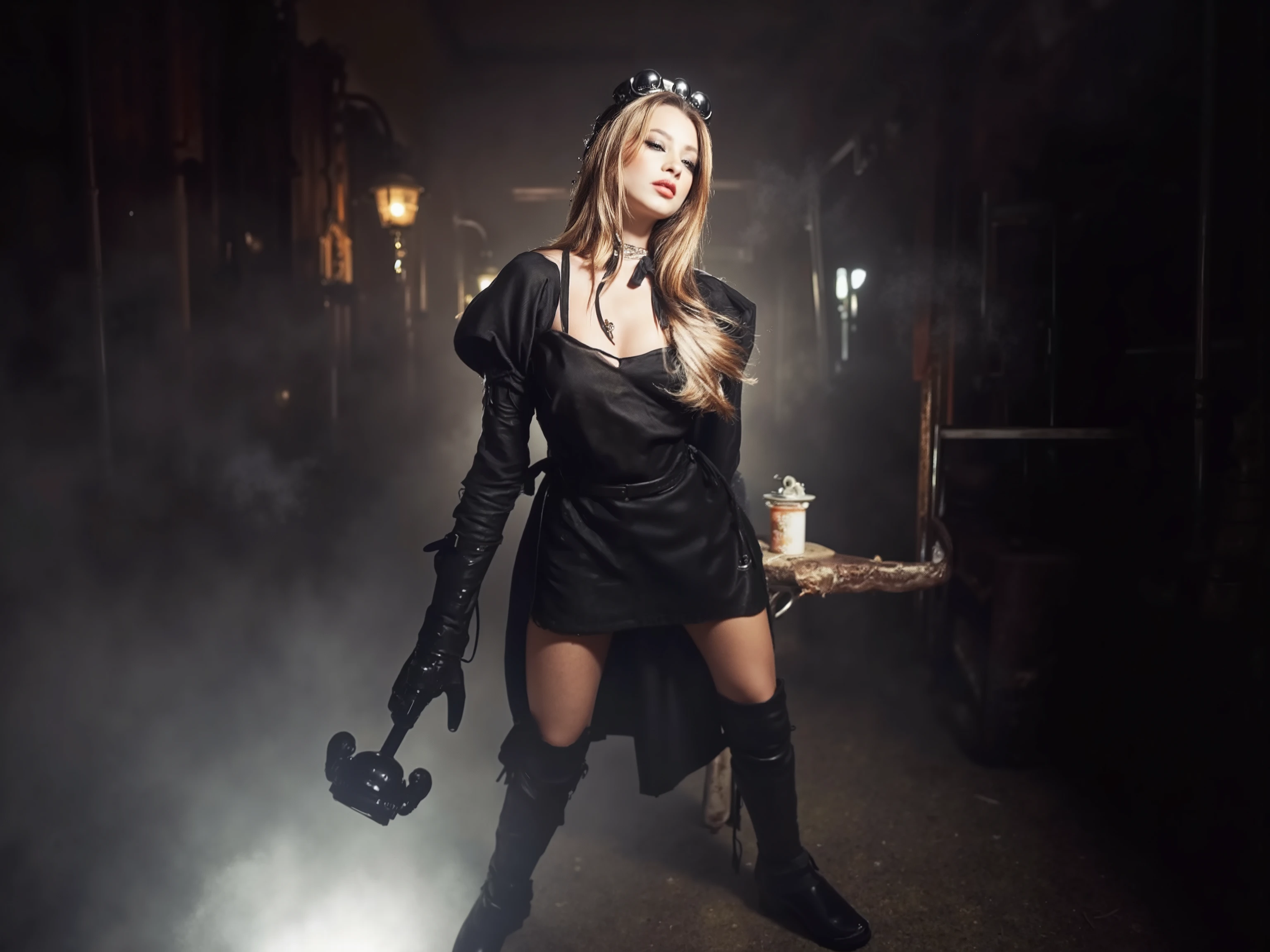 quality: (((masterpiece, cinematic composition, high quality 16K, 32K))), (8k, ultra-hyperrealistic :1.3), ( photorealism :1.2), (steampunk aesthetic). Scene:beautifull blonde maid-girl, in her uniform with blouse tie and black middle long skirt tucked in the blouse. She has long latex gloves and long leather heel boots. Shes touching her skirt. lighting: Gas lamps and the glowing scepter cast a dramatic light on her silhouette, while the rest of the room remains shrouded in shadow and steam. Stil: Seductive and majestic, a perfect mix of steampunk and mystical maiden aesthetic. a white light Spot from the ground in the front to the face and illuminates her nipples 