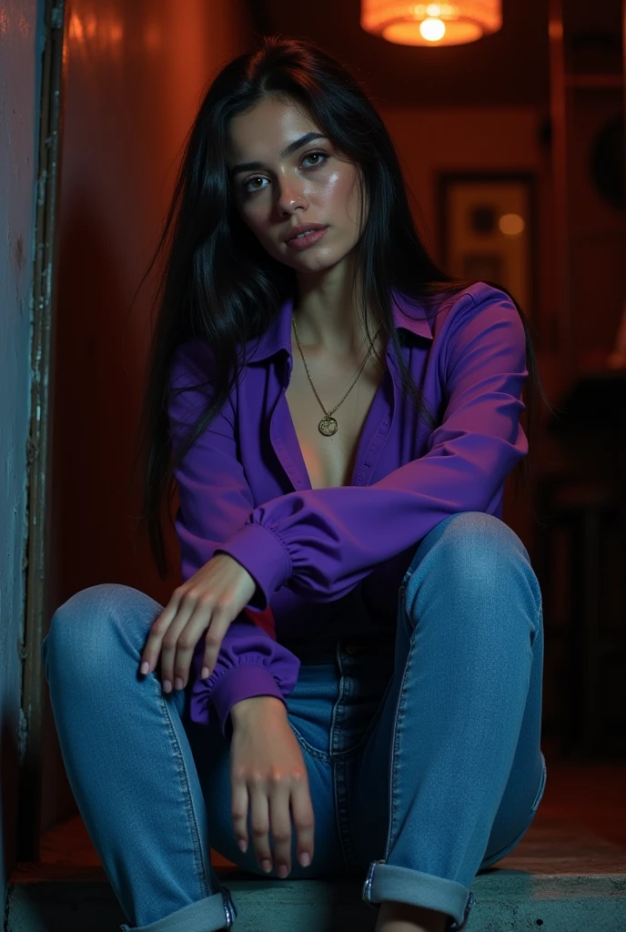 hyper realistic, muy detallado face, piel hermosa, pecas, hermoso maquillaje, profundos ojos azules cristalinos, Amazing aesthetics, Biomechanical meat, posando en una postura donde destaque el frente del jean, rubor, feliz, muy detallado, adulto joven, cara extremadamente detallada, Ropa Hip Hop, streetwear, streetstyle,pantalones de jean con roturas, cuerpo completo, jean destacado, jean muy detallado, cuerpo completo, muy detallado dilapidated city scape background, Medianoche, cielo de tormenta color violeta oscuro, rayos y truenos, bien iluminado, purple cinematic lighting, Electronic violet background lights, muy detallado background, (:0.3), hyper realistic, foto realista, Textura de piel realista, solo, tendencia en Artstation, renderizado de octanaje, Motor irreal 5, Gfred Galactic Civilization, Micromundos Planeta,, Vector art, Contorno negro grueso, _mito_, colores vibrantes, muy detallado, impreso en una hoja de papel, sujeto mantenido dentro de la frontera, isometric, Estilo ::0.5 ::0.75