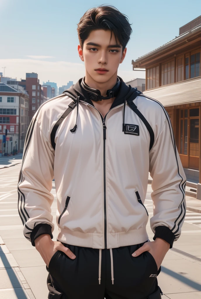 1 handsome Korean guy，21~25 years old，Athletic male model learning to exercise，Who is Shi Yu???, Li Yuanbin, V-shaped buttoned clothes，Kim Hyung Tae, Kim Hyung Tae, tight shirt, Kim Hyung Tae, Yin Shishan, Handsome, Handsome guy with athletic physique，Broad shoulders and thin waist，Handsome guy wearing purple slim sportswear and white sweatpants，The neckline is slightly open, Form-fitting fabric contours the bust，in a remote warehouse，hands tied behind back。hands tied behind back，Masculine and handsome，High，Muscles look good，hairy body，Wheat complexion，black eyes（thin eyes 1：3），whole body image