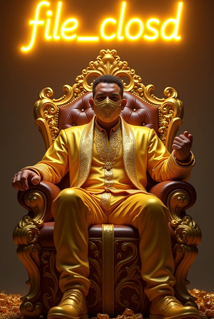 Handsome man, beautiful, white skin, thin, with golden pants and a golden suit on a golden chair with a baton of command without a shirt crossing his legs, sitting on a king's chair with a crown and around him there are displays of objects from some ancient Egyptian museum.