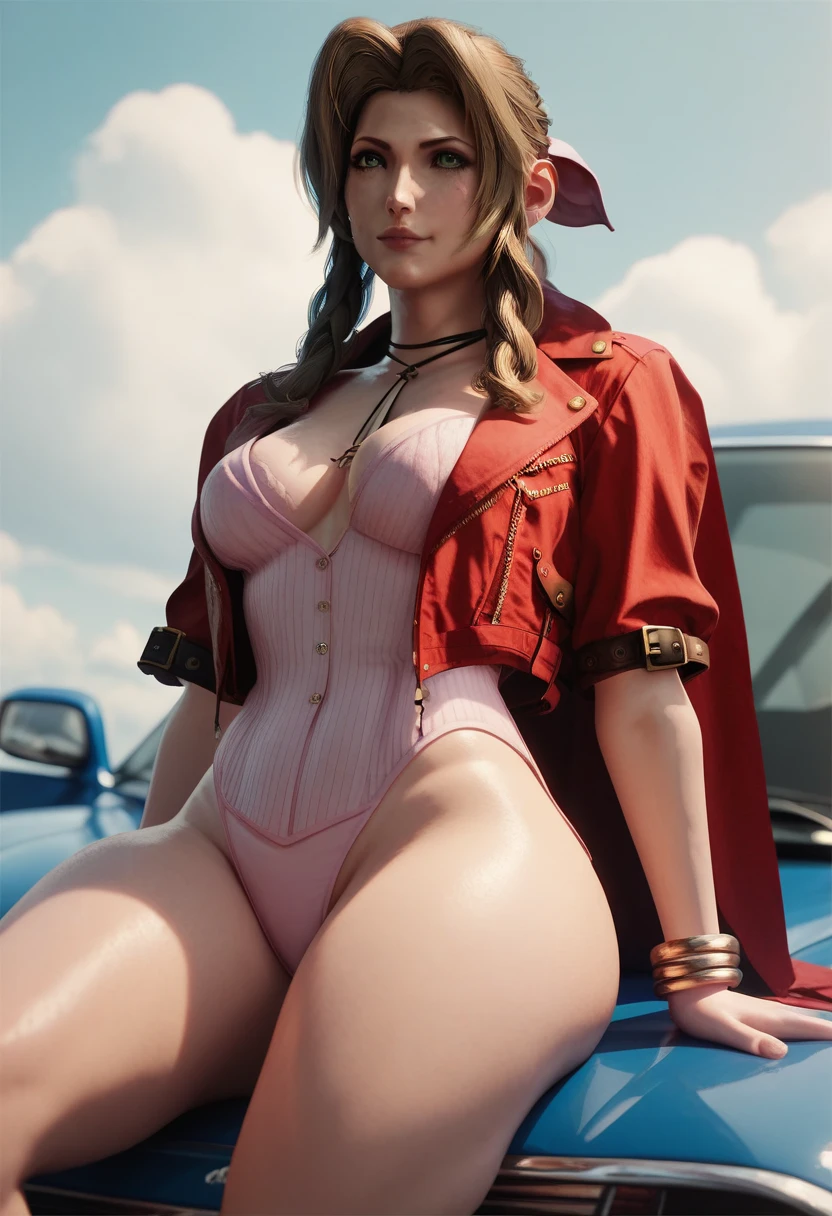 <lora:Gainsborough_AerithV2:0.7> Gainsborough_Aerith, huge_breasts, absurdres, looking at viewer,slight smile,  thick_thighs, wide_spread_legs, covered_nipples, miniskirt, pantyshot, white_panties, lace_panties, pink_sleeveless_dress_choker_collar_cleavage_red_cropped_jacket, open_clothes,  see-through, no_bra,   high_heels, m_legs, sitting,  <lora:cameltoe_v3:0.3> cameltoe, masterpiece, best_quality, detailed_face, detailed_eyes, highres, beautiful, detailed,