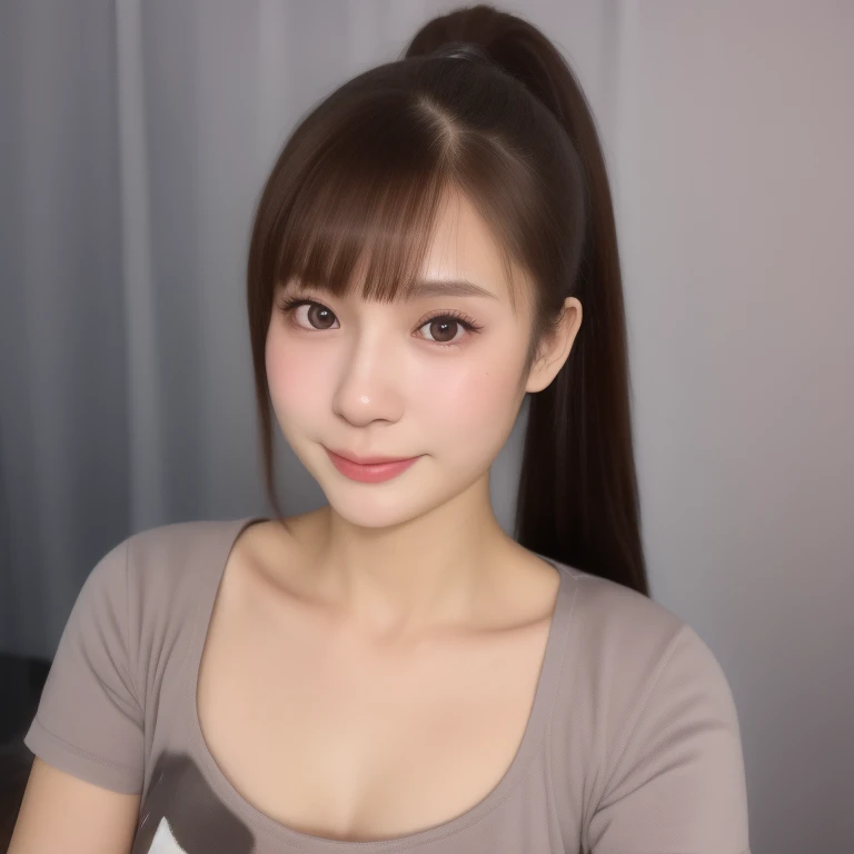 (kawaii 18 year-old Japanese girl), (glossy brown hair, high ponytail, bangs, black eyes:1.3), (soft smiling), (wearing crew necked t-shirt:1.3), well shaped extra small breasts, outside background, id photo, bust shot, (masterpiece, best quality, photo realistic:1.4), (professional lighting, physically-based rendering, glossy skin, extremely detailed eyes and skin textures, golden ratio, depth of field), 1girl, solo,