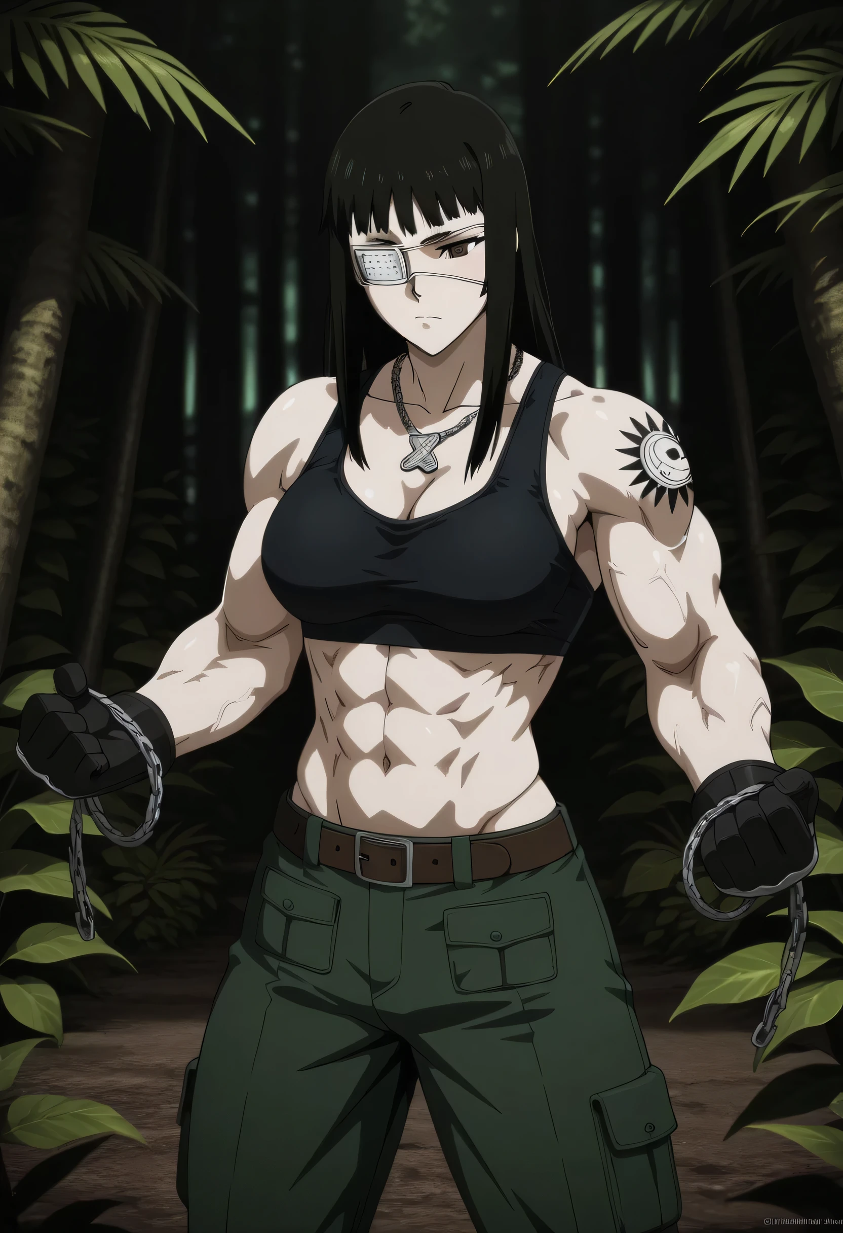 1girl,solo,mm,mature female,black hair,eyepatch,brown eyes,medium breasts,anime coloring,long hair, muscular, ,cowboy shot,, jungle, black sport bra with green trousers with belt, fighter black boots, open fingers black gloves, ,masterpiece,best quality,amazing quality,detailed muscles,muscles lines,muscles medium perfect size,pelvis muscles,,tattoos,Athletic appeal,military chains necklace, Valmet tall is 184cm,training,perfect fighting pose,show all character body,strength muscles looking,dynamic air,Valmet handsome face,Shining abs and shoulders,eight-pack,iron muscles,metal muscles looking,clean clothes and body,highly detailed,highly art style,in two hands holding a knifes