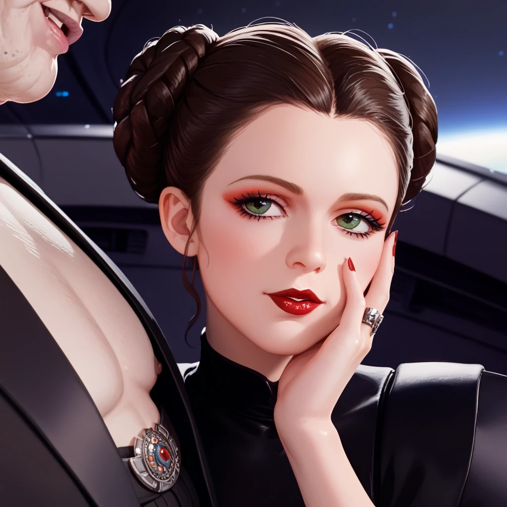 (( top quality)), ((masterpiece)), ( Details), （ Perfect Face）、The young and beautiful Princess Leia became the wife of the evil Dark Lord wearing a jet black dress of the luxurious black Lord of the Dark Lord, and they were wearing an engagement ring and sincerely loved Darth Sidious, the ugly old man Darth Sidious, the Sith Dark Lord of the Galactic Empire, and became a couple deeply in love with each other