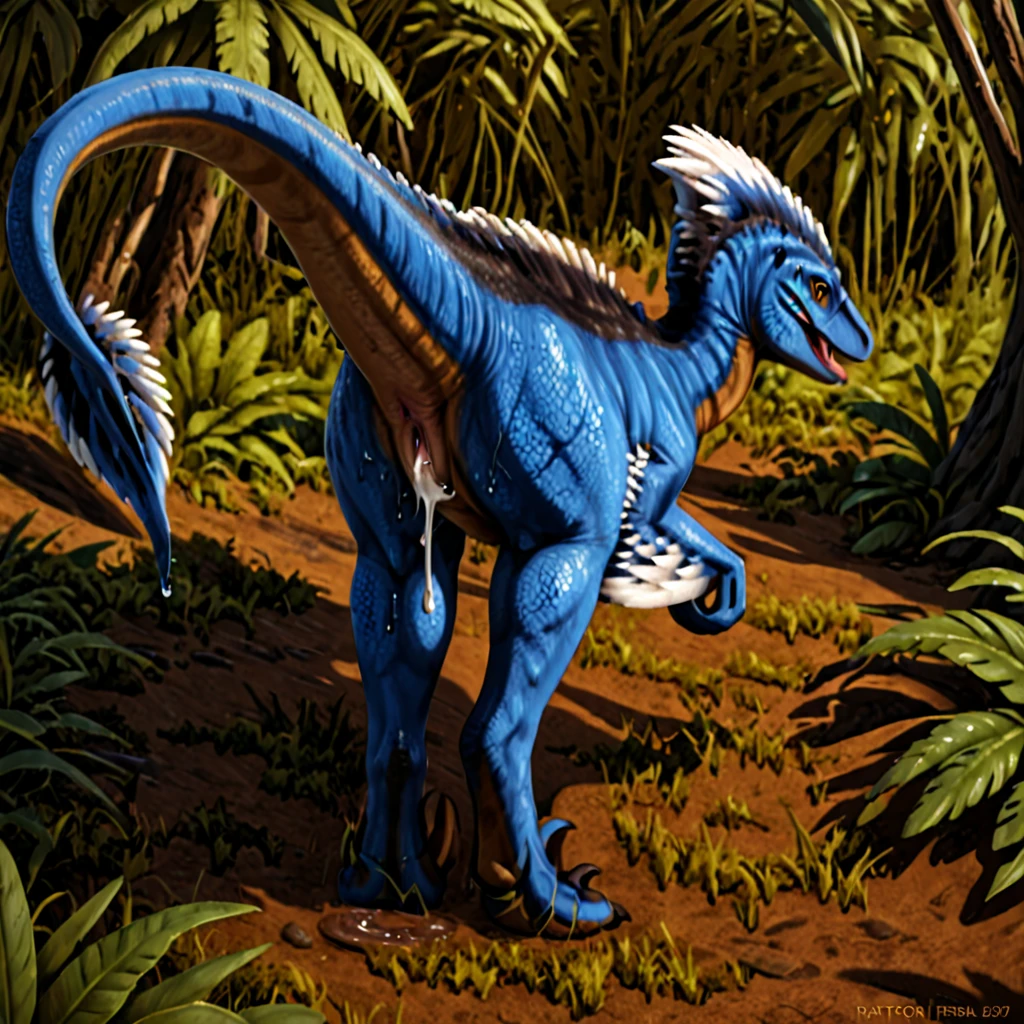 Raptor feral, rear view, smooth  blue skin, wet pussy, cum flowing with pussy, opened his mouth, stuck out his tongue, realistic