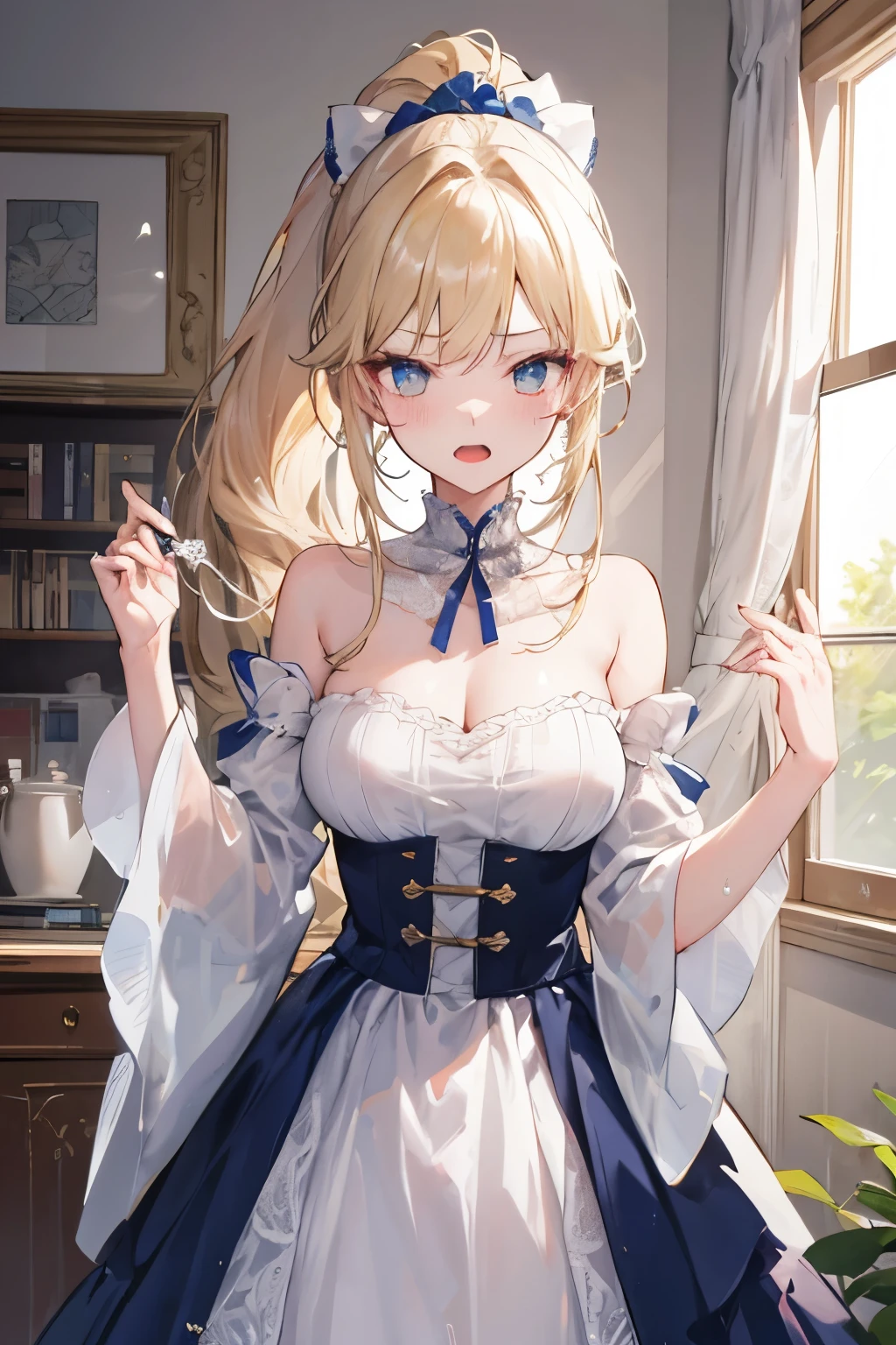 highest quality、realistic touch,high detail、photo-realistic、long torso、too short skirt、sleeveless、beauty captured、Big eyes、Big breasts that are about to fall out of your clothes、しっかりとしたplatinum blondeのまつげ、platinum blonde、Beautiful woman、sexy、Full body Esbian、sparkling eyes、obedient smile、My cheeks turned red、Kamimei、thin waist、plump thighs、fascinating look、raked bangs、The forehead is protruding、see-through clothes、high heels、Underwear that shows camel toes、She is chained off-screen with a collar and chain........、A maid working in an aristocratic mansion、Clothes that open wide from side to side、beautiful blue eyes