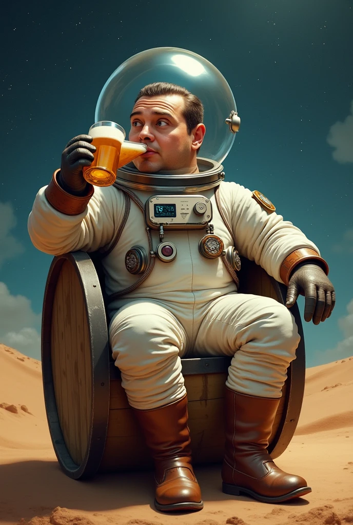<lora:Retrofururism_Style:0.9> retrofururism style, scenery, science fiction, a man holds a beer wearing a space suit