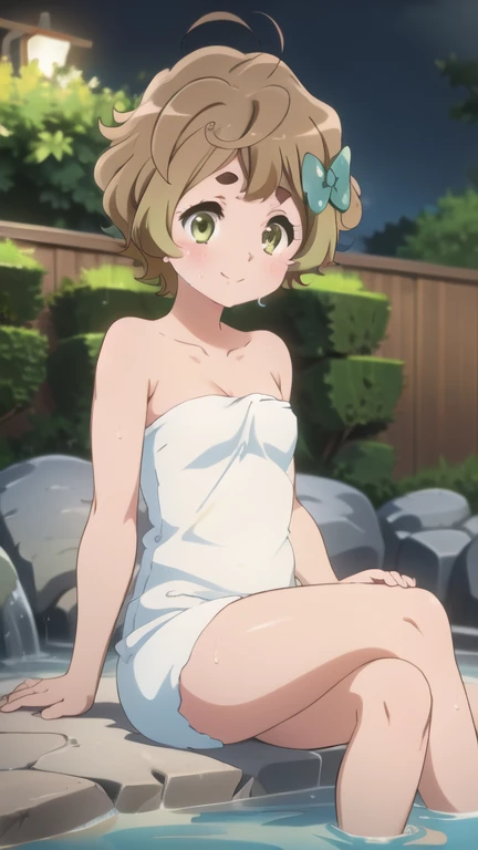  a girl, Alone, light brown hair, short hair, sonrisa, naked towel, wet, foot fetish, crossing legs, sitting, onsen, night