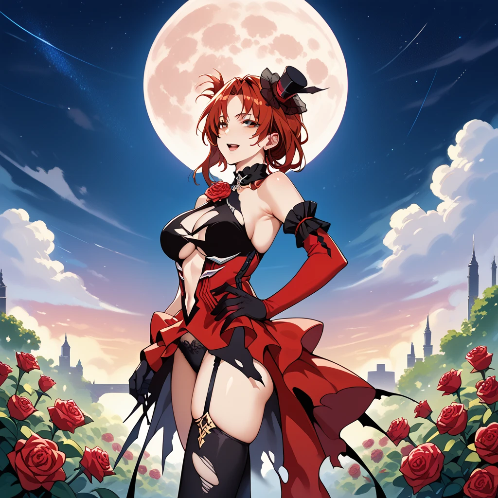 score_9_up, score_8_up, score_7_up, source_anime, masterpiece, best quality, 1girl, solo, Himeko, BR_Def, moon light, starry sky, night sky, clouds, roses, garden, standing, from side, holding rose in hand, naughty smile, open mouth, looking at you, hand on hip, posing, half-opened mouth, red hair, yellow eyes, murata himeko, parted bangs, mini hat, red rose, two-tone dress, frilled dress, black dress, red dress, torn clothes, bare shoulders, center opening, navel cutout, cleavage cutout, halterneck, black collar, red sleeves, asymmetrical sleeve, single sleeve, elbow gloves, black gloves, black underwear, garter strap, black thighhighs, mismatched thighhighs, torn thighhighs, mature body, dynamic cowboy shot, outdoors, sky clouds background