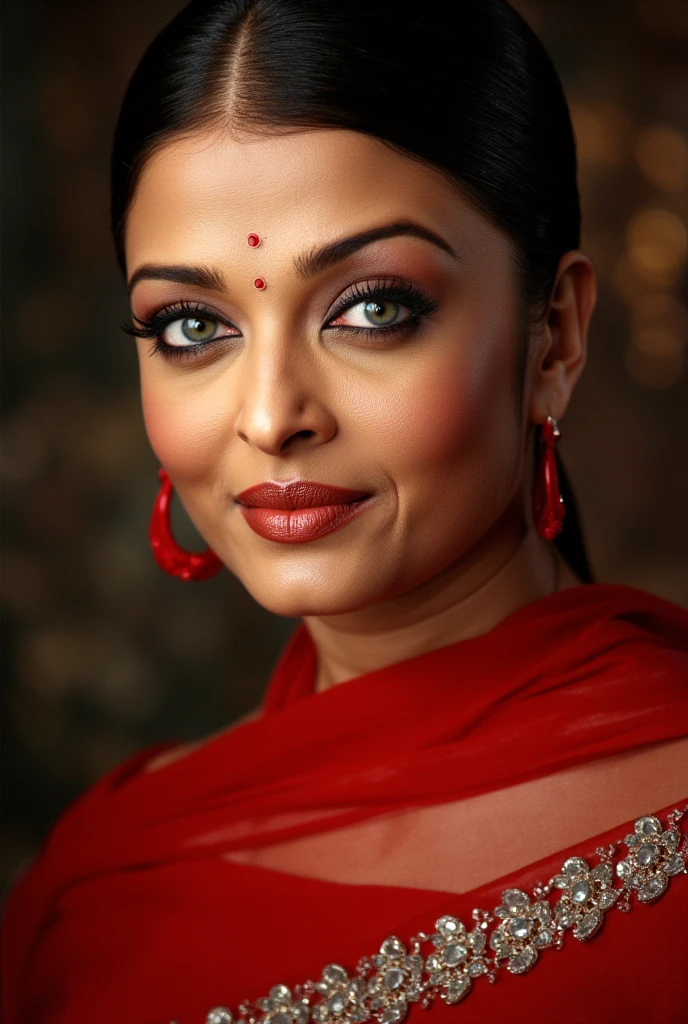  Aishwarya rai MILF close up picture , wearing a hoop earings ,hoop nose ring ,dash of vermilion powder on her head , horny expression  , mature milf figure(cinematic:1.3), intricate details, (ArtStation:1.2) , married hindu bhabhi ,traditional hindu women