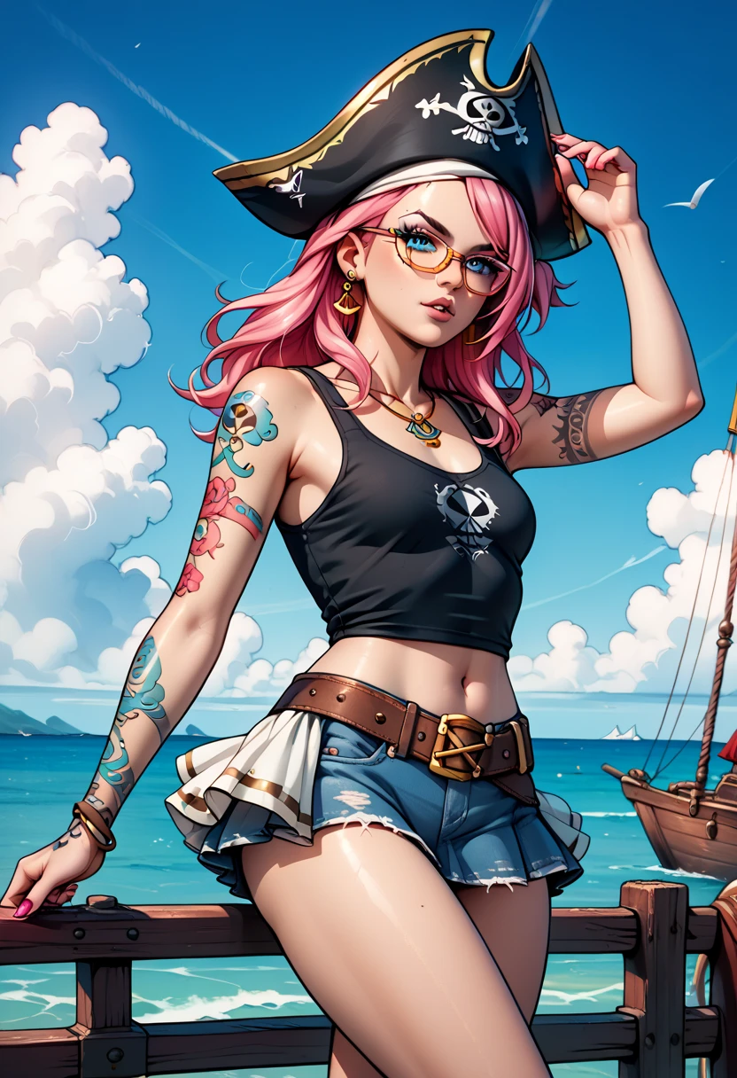(((solo,1woman, mature, alone))), bny1, ((long pink hair, green headwear, glowing violet eyes, wide eyes, makeup, narrow waist, skinny, medium breasts,)), pelvic curtain, ((striped shorts, suspenders, white tank top, open jacket, belt)), full body, perfect body, (insanely detailed, beautiful detailed face, masterpiece, best quality), (extremely detailed 8k paper CG wall unit: 1.1), (Port area, ocean, ships, dusk), cameltoe view, cameltoe, Diagonal view