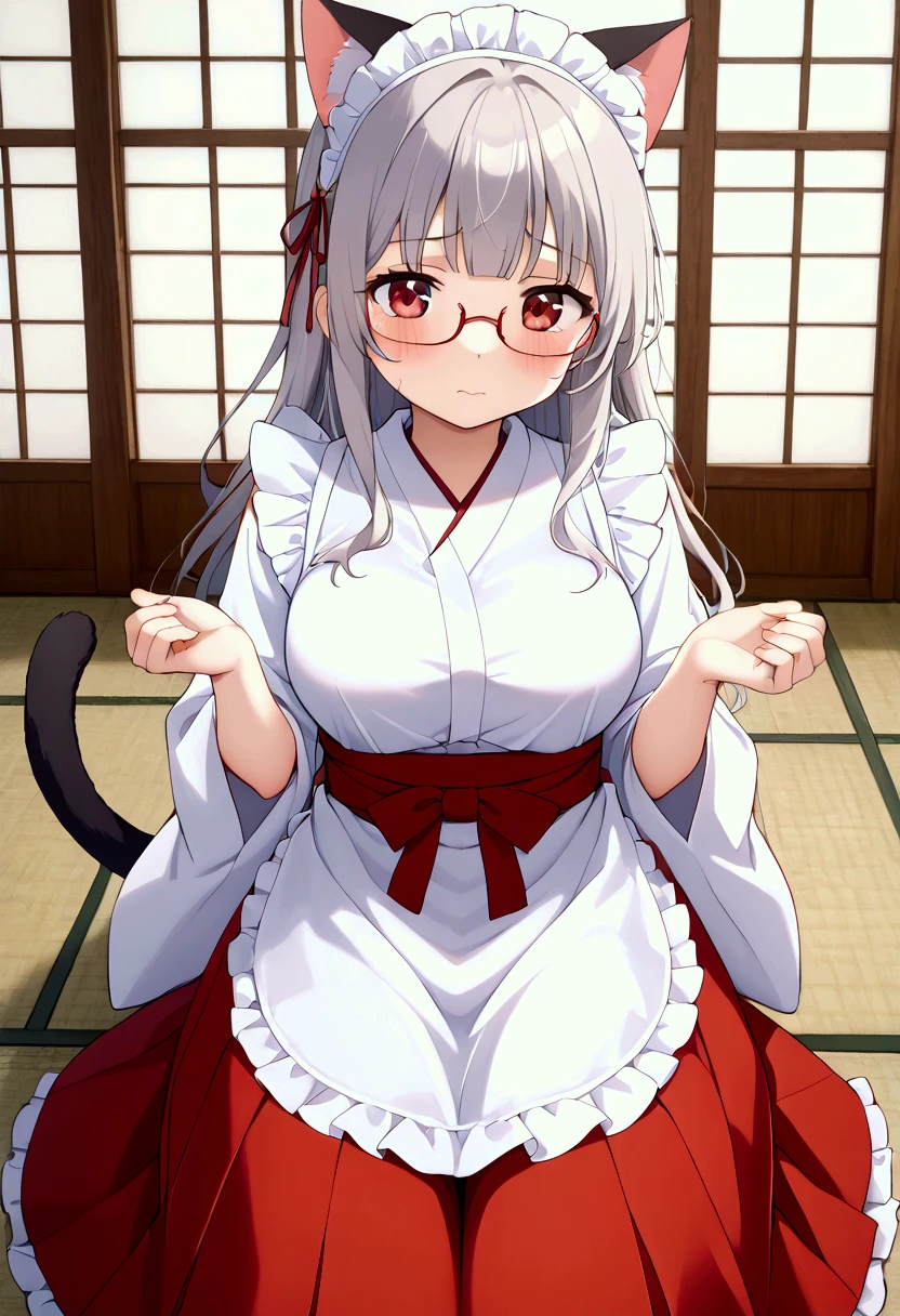 1 person、Lori、(:1.1)、Petite、Big Breasts、 princess cut、 Long Hair 、Gray Hair、 red eyes、Cat ears、Cat tail、Shrine maiden、(Shrine maiden服:1.1)、 White Kimono 、(White Knee Highs:1.3)、(Shrine maiden服の上に白いエプロンドレス:1.1)、White Prim、( hakama short skirt:1.2)、Glasses、 miko,red hakama、 hakama short skirt、Crying face、 BREAK masterpiece、 beautiful attention to detail:1.2,  perfect lighting, (  Perfect Hand ,  Perfect Anatomy :1.1)、field、shrine、wa maid, maid, maid headdress, apron, white apron, frilled apron, maid apron,  kimono, japanese clothes, frilled  kimono, holding tray, tray, food,