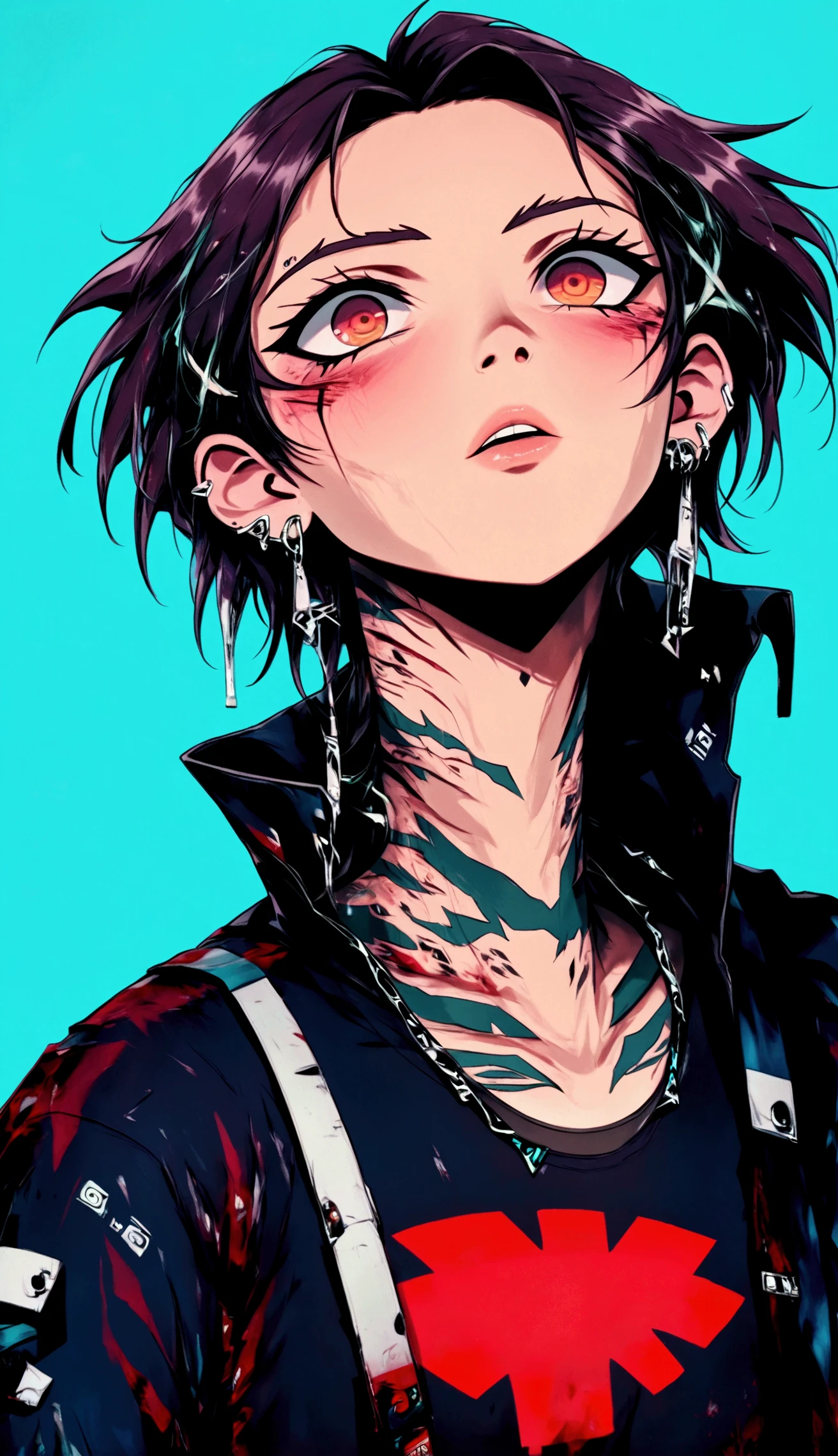    a close up of a young man with a tattoo on his neck, He looks up ,    piercings and eyebrow piercings     , nose and mouth,    image centered close to the flat artwork    , modern hair,    half-open lips  , light cyan background   ,      black sweatshirt with white     , muchos    neck tattoos    y rostro,    cyberpunk art inspired by Yanjun Cheng   , tumblr, arte digital,   of a Taiwanese girl with tattoos  ,     work of art in the style of Guweiz ,    neck tattoos   ,  cyberpunk , Ilya Kuvshinov. 4k, guweiz, Japanese art style   , yakuza slim girl, tattoo style,   beautiful face of a cyberpunk girl  