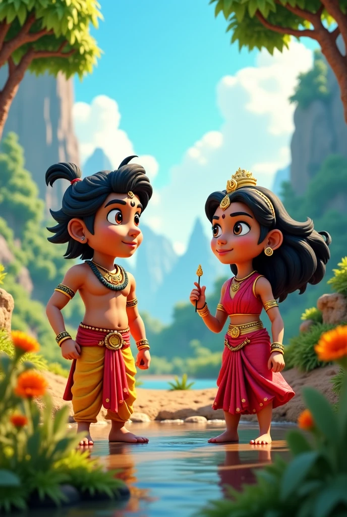 In cinematic 3d cartoon style "Depict a scene of Lord Rama and Sita, focusing on their expressions of determination and resolution. Rama should appear resolute, while Sita should be shown with a sense of hope.