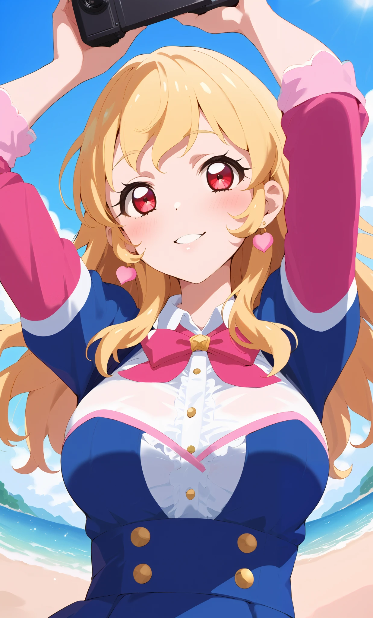 Ichigo Hoshimiya (Aikatsu!)), 1 girl, solo, from below, (big breasts focus), (chest shaking), clothed, arms raised, :d, blushing, looking at camera, upper body, (beach), (super detailed; 1.3), perfect anatomy, blonde hair, red eyes