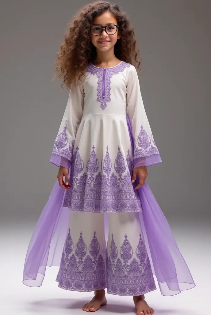 Pakistani style Co-ords short kamiz and wide salwar dress beautiful unique design with lower part ambroidary white and purple color combination with a sweet curly hair model girl wearing glass