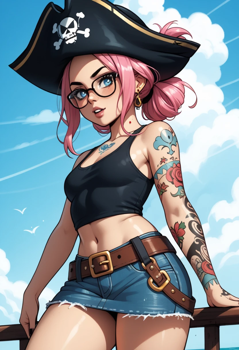  Curvy blue-eyed girl with long smooth pink hair and small breasts, thick thighs ,  standing, dynamic pose, ((( wears a black tank top and denim mini skirt , She wears a pirate hat , glasses, tattooed skin))), Sea background,ela está standing na proa de um navio,  clouds, blue sky,Perfect anatomy, comic style