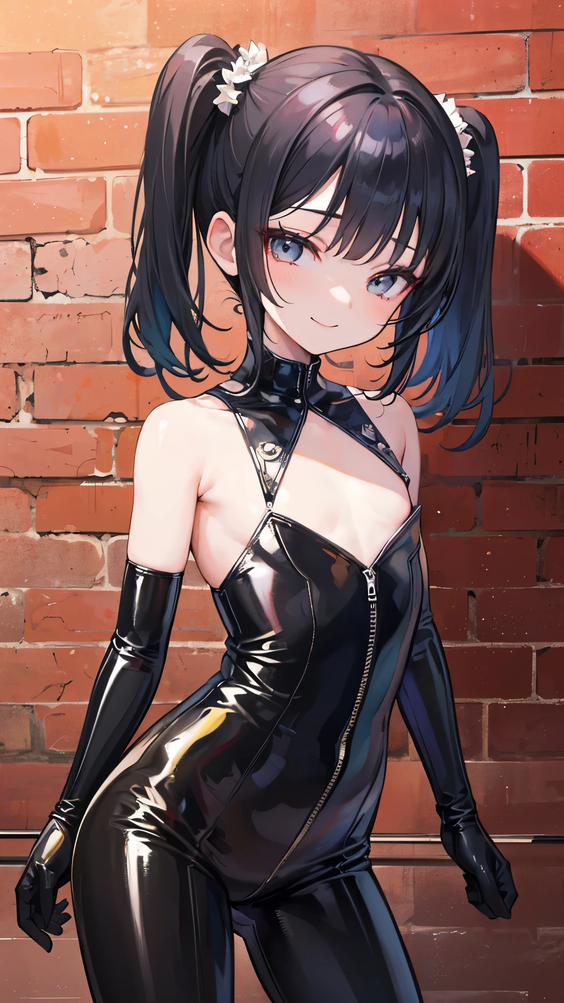 A girl is posing for a photo, cute女の子, 

(((Ultra-high resolution)), ((highest quality)), ((masterpiece)), (Very detailed), (Beautiful sparkle), (Anatomically correct)), ((Realistic)), ((The best CG)), 
CG illustration, Photorealistic:1.37, 8k, 1080P, Anime 2D Rendering,

(((One Girl))), 
(Symmetrical facial features:1.4, Perfect Face), Beautiful clavicle, (Beautiful fingers), (((Beautiful breasts, Small breasts))), Beautiful body, Beautiful thighs, Beautiful legs, Perfect round ass, 
(((Detailed skin, Oily skin, Textured skin, Beautiful white skin:1.4))), 

(((Baby Face, cute, 10 years old))), 
(Droopy eyes, Expression of fine eyes, Beautiful and delicate eyes, Sparkling eyes, Eye Reflexes, Dark Eyes), 
(Beautiful Nose,Thin Nose), 
(Smaller mouth, Glossy lips, Beautiful Lips, Thick lips), 
(Beautiful Hair, Shiny Hair), Hair fluttering, (((Black Hair, Perm))), 

(Shiny Purple Sleeveless Bodycon, Mini Dress, Tight Dress)、(Black knee-high stockings)、(Black Long Gloves)、(Black high heels)、
BREAK  

(smile、Embarrassed expression、Blushing), 
(Character Focus, Cowboy Shot),  
((night、Night Lounge)), 

