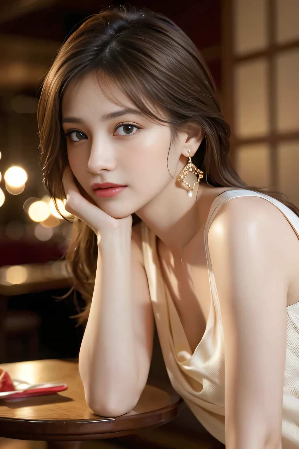 (Masterpiece, BestQuality:1.3), (ultra detailed:1.2), (hyperrealistic:1.3), (RAW photo:1.2),High detail RAW color photo, professional photograph, (Photorealistic:1.4), (realistic:1.4), ,professional lighting, (japanese), beautiful face, (realistic face), cute woman, (Brown Hair, Big Breasts:1.5), (cheerful Smile:1.35), Trending Hair&Trending Hairカラーをランダムに, earrings, necklace, bracelet, sexly, erotic sexly, (Gold Mini Dress、Luxury Party、Provocative smile、holding champagne glasses:1.4), Beautiful location, (Detailed Background))