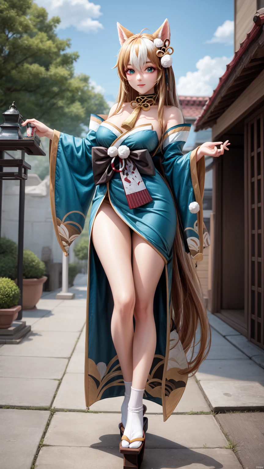  masterpiece,  better quality,  high quality,  full body,  al aire libre,   looking at the viewer , 1 girl,  dynamic pose , hina-fi , Bicolor fur,  Japanese clothing , Green Kimono, cola,  bare shoulders ,cola, with cola, wide hip,beautiful,beautifuls piernas, seductive face, seductive look , seductive face,sexy,Milf,adult woman,mommy,long hair, Long hair 