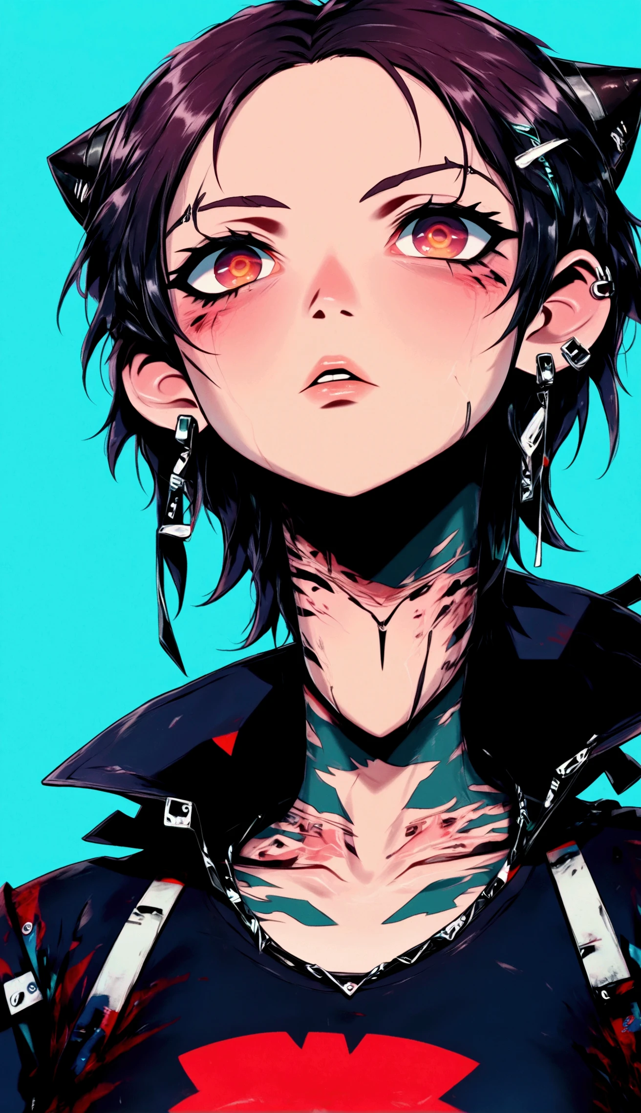    a close up of a young man with a tattoo on his neck, He looks up ,    piercings and eyebrow piercings     , nose and mouth,    image centered close to the flat artwork    , modern hair,    half-open lips  , light cyan background   ,      black sweatshirt with white     , muchos    neck tattoos    y rostro,    cyberpunk art inspired by Yanjun Cheng   , tumblr, arte digital,   of a Taiwanese girl with tattoos  ,     work of art in the style of Guweiz ,    neck tattoos   ,  cyberpunk , Ilya Kuvshinov. 4k, guweiz, Japanese art style   , yakuza slim girl, tattoo style,   beautiful face of a cyberpunk girl  