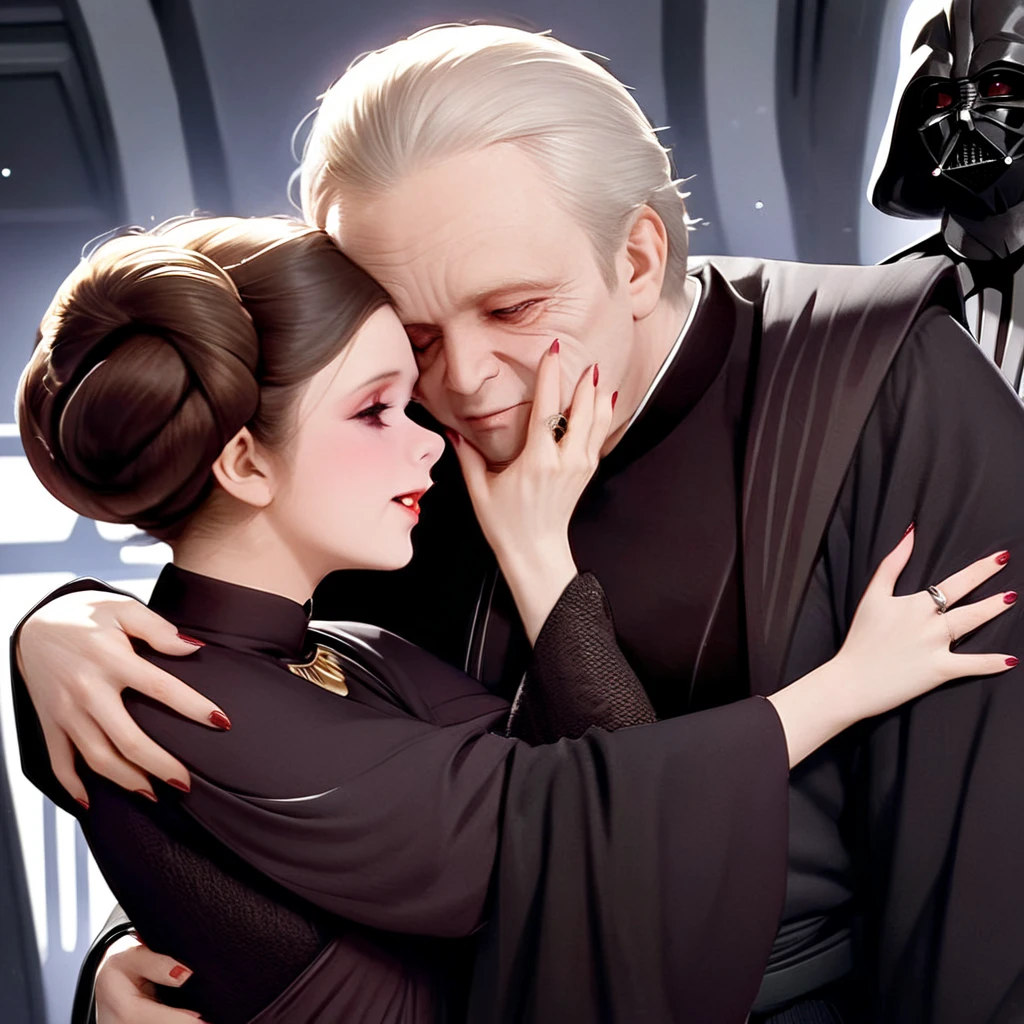 (( top quality)), ((masterpiece)), ( Details), （ Perfect Face）、The young and beautiful Princess Leia became the wife of the evil Dark Lord wearing a jet black dress of the luxurious black Lord of the Dark Lord, wore an engagement ring, sincerely loved and hugged and kissed Darth Sidious, an ugly old man from the Sith of the Galactic Empire, and became a couple deeply in love