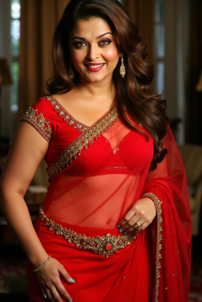  Full shot of sexy mature milf ,aishwarya rai wearing a red color bra and sari ,((wearing a gold waist chain)), fleshy figure,cougar lady , extremely gorgeous, thick figure, heavy physique, voluptuous, curvy, sexy figure, glowing eyes,happy charming face (cinematic:1.3), intricate details, (ArtStation:1.2),, 4k, UHD,beautiful eyes