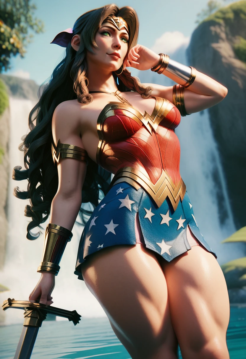 masterpiece, best quality,wonder woman,Ideal woman's butt and hips, city background, view from behind