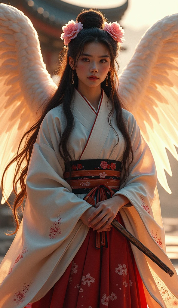 ((best quality)), ((masterpiece)), (Costume hairstyle,Air bangs,Blush,Angel wings on the back,Bright beautiful eyes,Long eyelashes,Gauze woven Hanfu,(Rose red embroidered dragon and phoenix pattern Hanfu),antiquity), perfect face,