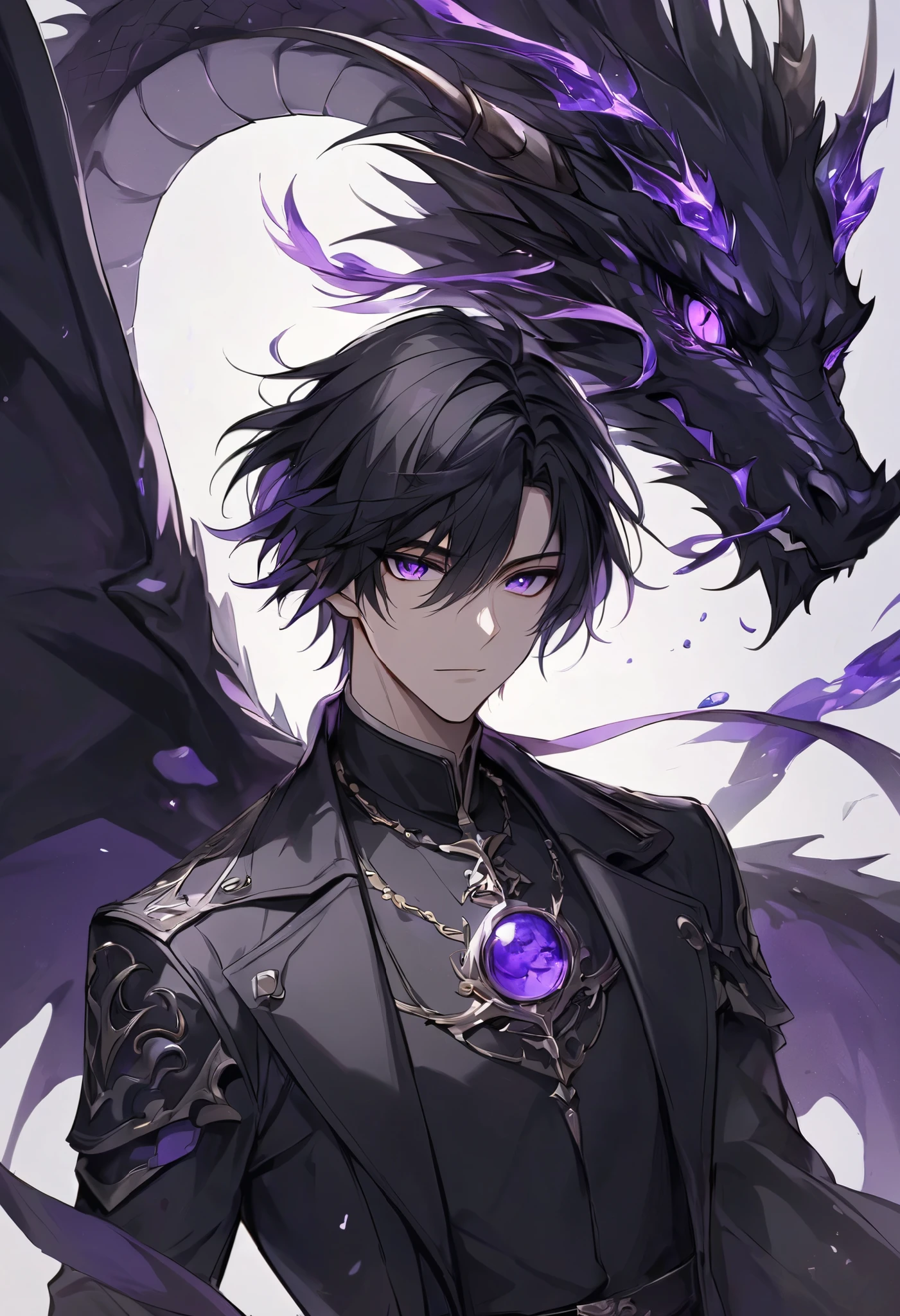 good looking, alone, 1 male, short hair, Black Hair, Purple eyes, Black Shirt, Black Cape, Black Dragon