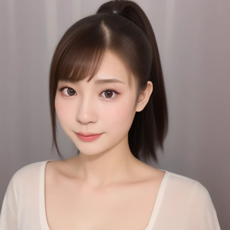 (kawaii 18 year-old Japanese girl), (glossy brown hair, high ponytail, bangs, black eyes:1.3), (soft smiling), (wearing crew necked t-shirt:1.3), well shaped extra small breasts, plain white background, id photo, bust shot, (masterpiece, best quality, photo realistic:1.4), (professional lighting, physically-based rendering, glossy skin, extremely detailed eyes and skin textures, golden ratio, depth of field), 1girl, solo,