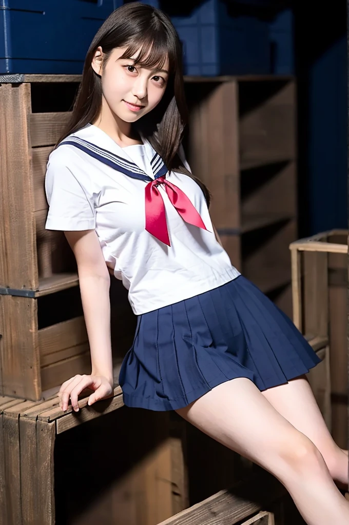 ((highest quality、8k、masterpiece:1.3)),((((fullbody shot)))),Ultra-high resolution,big eyes,Japanese,bangs,(a girl),(1 girl),((20 years old)),((facing at viewer)),(long hair),(((black sailor uniform))),grin,((sitting on chair)),(pleated mini skirt),(((pussy))),((pubic hair)),(((open legs))),((skirt lift))