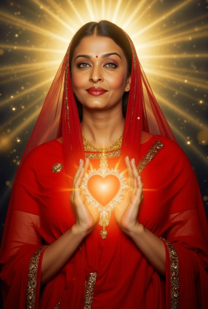 Aishwarya Rai Holy aish,mother mary,in red dress,heart on chest,illustration,divine light,HDR,vivid colors,ultra-detailed,portraits,soft lighting,colorful,peaceful ambiance