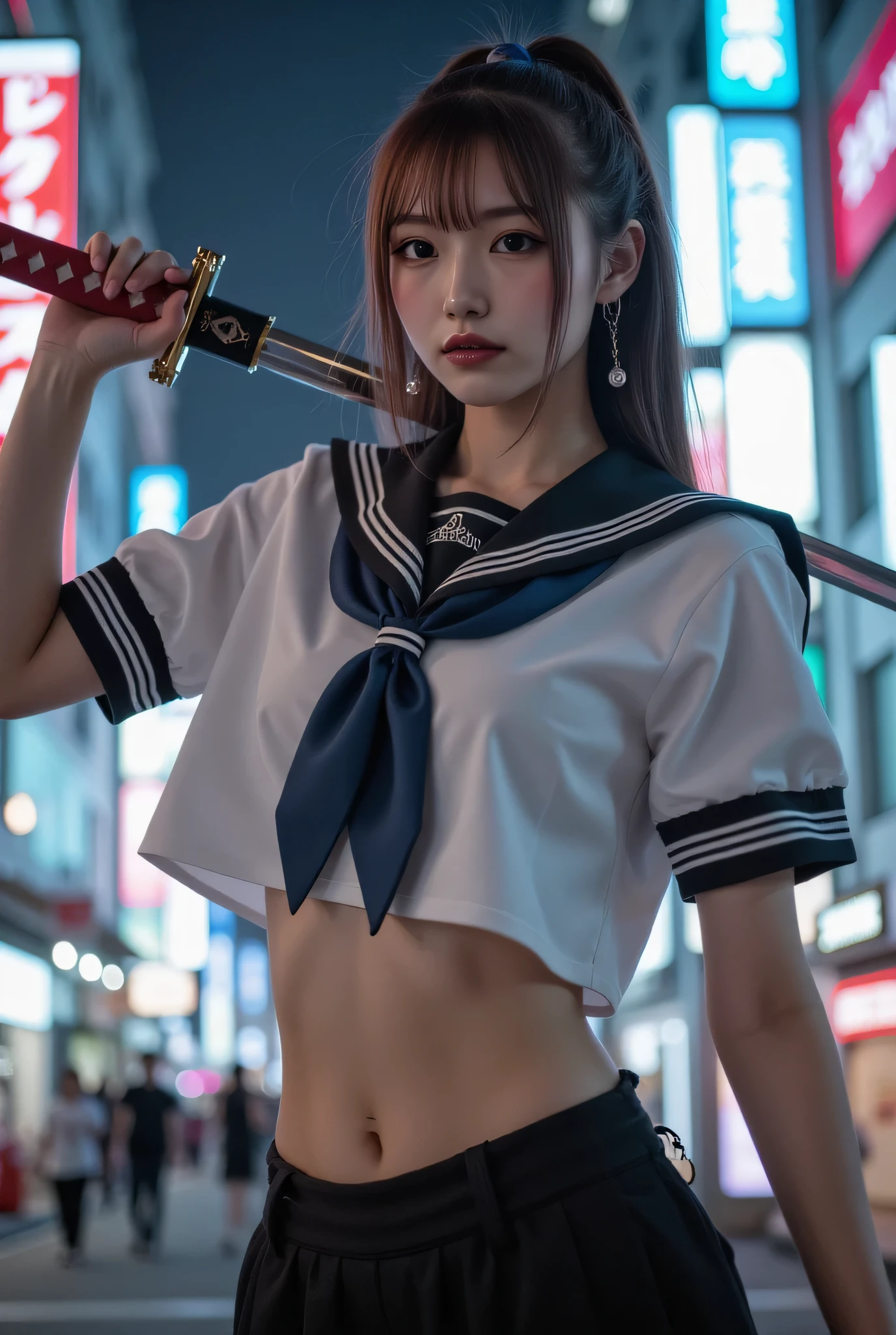 A beautiful Japanese woman waves a Japanese sword, dynamic pose, Female Soldier, Japan's perfect high school whitecolor sailor uniform, perfect anatomy:1.21, has a small head:1.331, Slender body:1.331, thin waist:1.331, ruined city, cyber Tokyo turned into a battlefield , Expression of absolute beauty , Perfect composition, Proper placement, Golden Ratio, 背後にゾンビ🧟♀️、(Chaos、night、 skyscrapers:1.2)