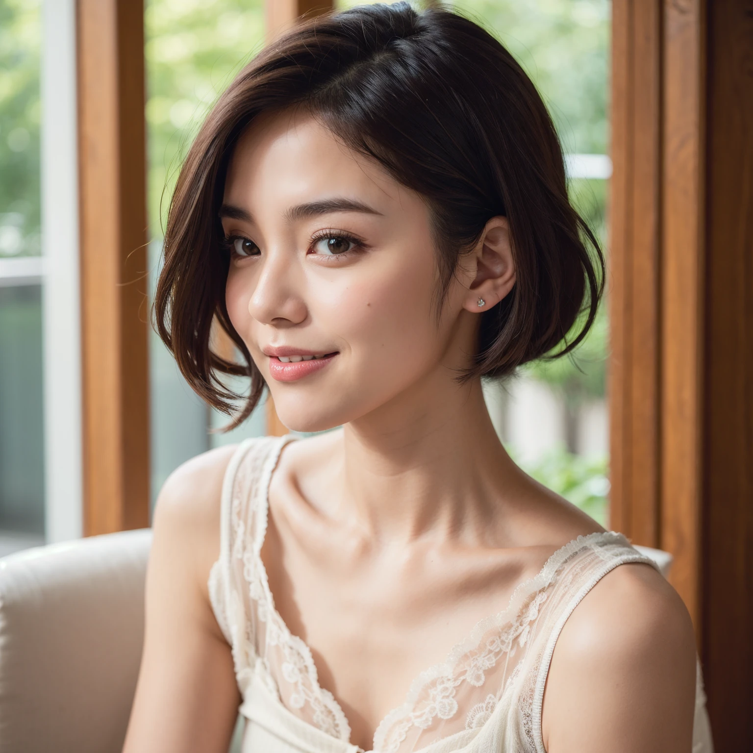 one mature woman、38 years old、Japanese,looking at the viewer,(Pink satin blouse:1.6),(white wool pants),(真珠のnecklaceを着けている)、 shiny face,shiny skin,shortcut,necklace,earrings,normal size breasts,black hair,red mouth,clavicle,beautiful fingers,full body portrait, short hair, bob cut, 8K, Super detailed, highest quality, rough skin, anatomically correct, masterpiece , highest quality, cinematic lighting, Use perspective throughout , surrealism , ,(realistic:1. 3),(Raw photo) , black hair, light smile, short hair, bob cut, anaglyph, stereogram, (mature woman:1), (38 years old), ((close:0.5)), glare, double eyelid, lip gloss, (smile:1), ((close your eyes:0.85)), red mouth, clavicle, ((looking at the viewer)), (short hair of reddish-brown color wet and shiny,), (I can see the whole body) , Slightly thick body type , I opened my eyes wide. , perfectly round eyes , fine texture