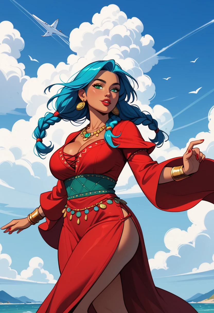  Curvy green-eyed girl ,  with long blue hair with braids and large breasts, thick thighs ,  standing, dynamic pose,  dark skin, ((( wears a sexy red gypsy dress , ))), Sea background,ela está standing na proa de um navio, Throw tarot cards in the air , clouds, blue sky,Perfect anatomy, comic style