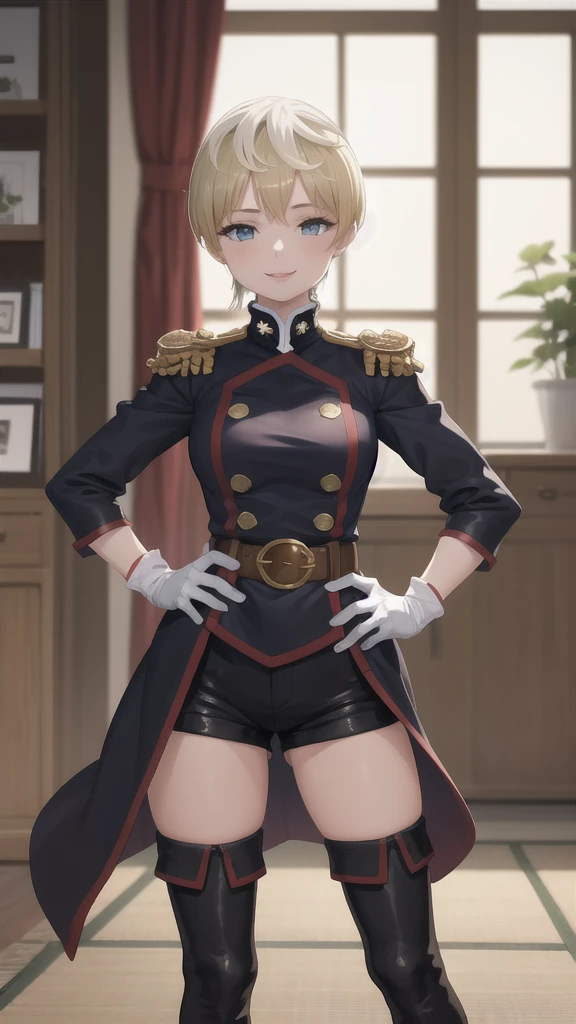 masterpiece, best quality, absurdres, perfect anatomy, 1girl, solo, TenkaIzumo, military uniform, coat, black shorts, epaulettes, brown belt, thigh boots, white gloves, smile, hands on hips, indoors, 