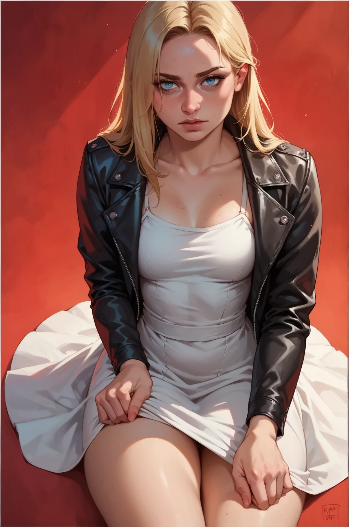 score_9, score_8_up, score_7_up, cartoon of a girl, solo, sexy, slutty, blue eyes, long blonde hair, leather jacket, white sundress, small breast, visible thighs, grabbing, moody and gritty, pov, from front, bright red background