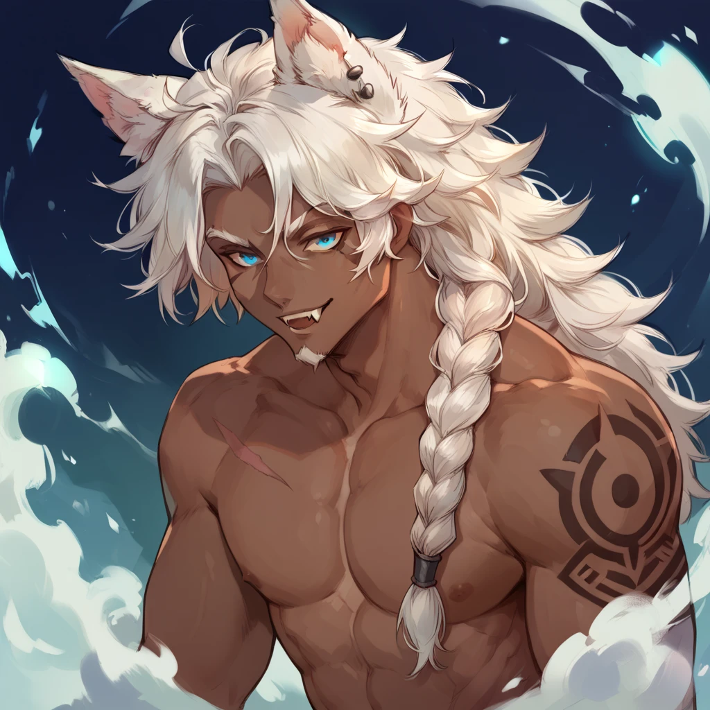 1 magic card. Above is a muscular guy. Tan skin. nude . wolf ears