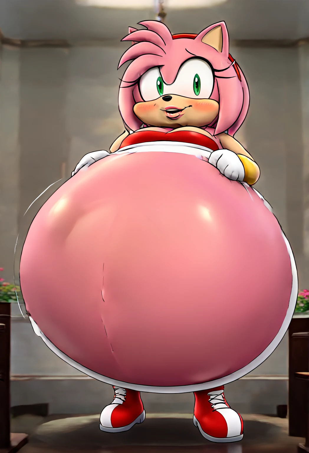 Amy Rose, furry, 1girl,space, solo, best quality, giantess, planet, breasts, huge breasts, thighs, pink fur, thick arms, shiny skin, green eyes, red dress, GTS, Sitting on tiny planet, evil smile, huge ass, crushing cities under her perfect ass