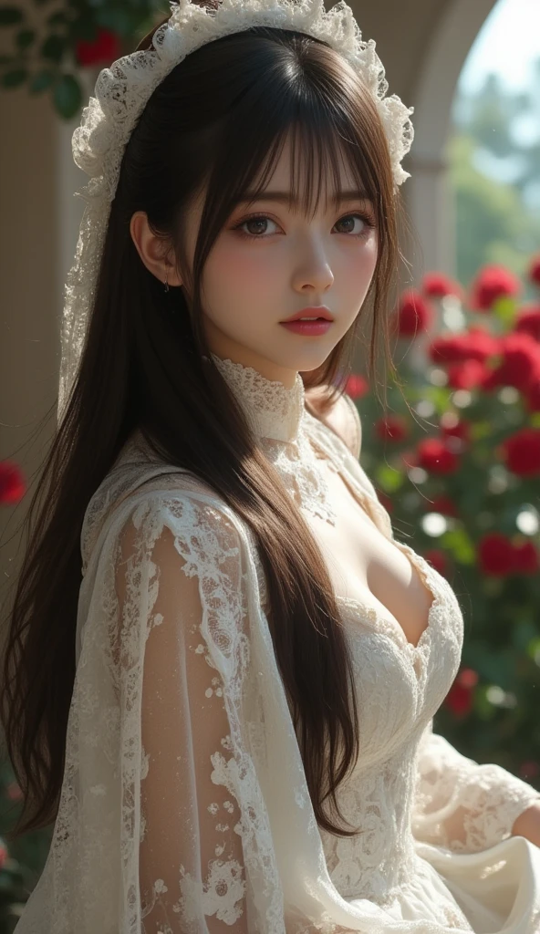 8k,   ultra high definition,   top quality, masterpiece,rule of thirds,golden ratio,  surreal, one woman,(  girl :1.3), cute, cute顔, 細部まで  beautiful eyes, 細かく  Detailsに,masterpiece,一人の girl :1.2,full body, Textured Skin,  cinematic lighting, 1人の girl , (( Beautiful Gothic White Dress  )), (Very hoop-dress), Luxury Rose Embroidery,   cute無邪気な少女 , ((Loosely swayed bangs)), Thin and small breasts , (Long Black Silk Hair ), ( Rosgori's Makeup ),  beautiful hair, smile, light particles, (( Pretty Innocent Young Girl Lifting Her Skirt with Her Hands )), In a beautiful and wonderful garden, (Red rose garden),( Unvolume Portrait Photos :1.4),(  Photorealistic Images with Attention to Hand Details :1.4),  fantasy art,(  beautiful faces:1.4), Beautiful and charming eyes 、  beautiful eyes,(  Thin Waist :1.4),( Unvolume a photo with a perfect physique and beautiful :1.4),  pink lips, profile,(((  ideal body shape))),Small bust, A cup :2,、 portrait:2、  perfect anatomy、鮮明な  Details、  Details, thin lips,完璧で  beautiful faces ,完璧で cute顔,  skin with great attention to detail,  Perfect Limbs 、  Thin Waist,  surreal,Light and Dark,  fashion magazine cover, spotlight that can cast shadows