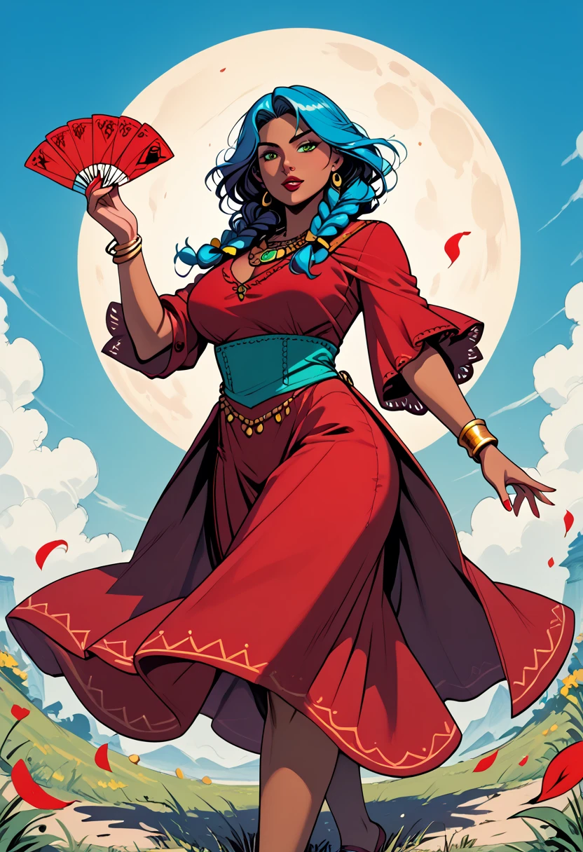  Curvy green-eyed girl ,  with long blue hair with braids and large breasts, thick thighs ,  standing, dynamic pose,  dark skin, ((( wears a sexy red gypsy dress , ))), ,  throws tarot cards up high,standing no interior de uma tenda, Perfect anatomy, comic style