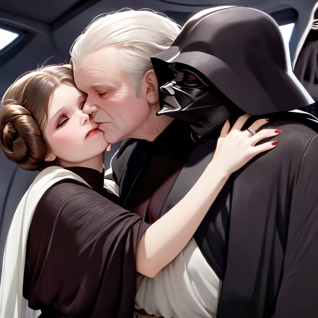 (( top quality)), ((masterpiece)), ( Details), （ Perfect Face）、The young and beautiful Princess Leia became the wife of the evil Dark Lord wearing a jet black dress of the luxurious black Lord of the Dark Lord, and they both wore an engagement ring and sincerely loved the ugly old man Darth Sidious, hugged, and kissed each other deeply