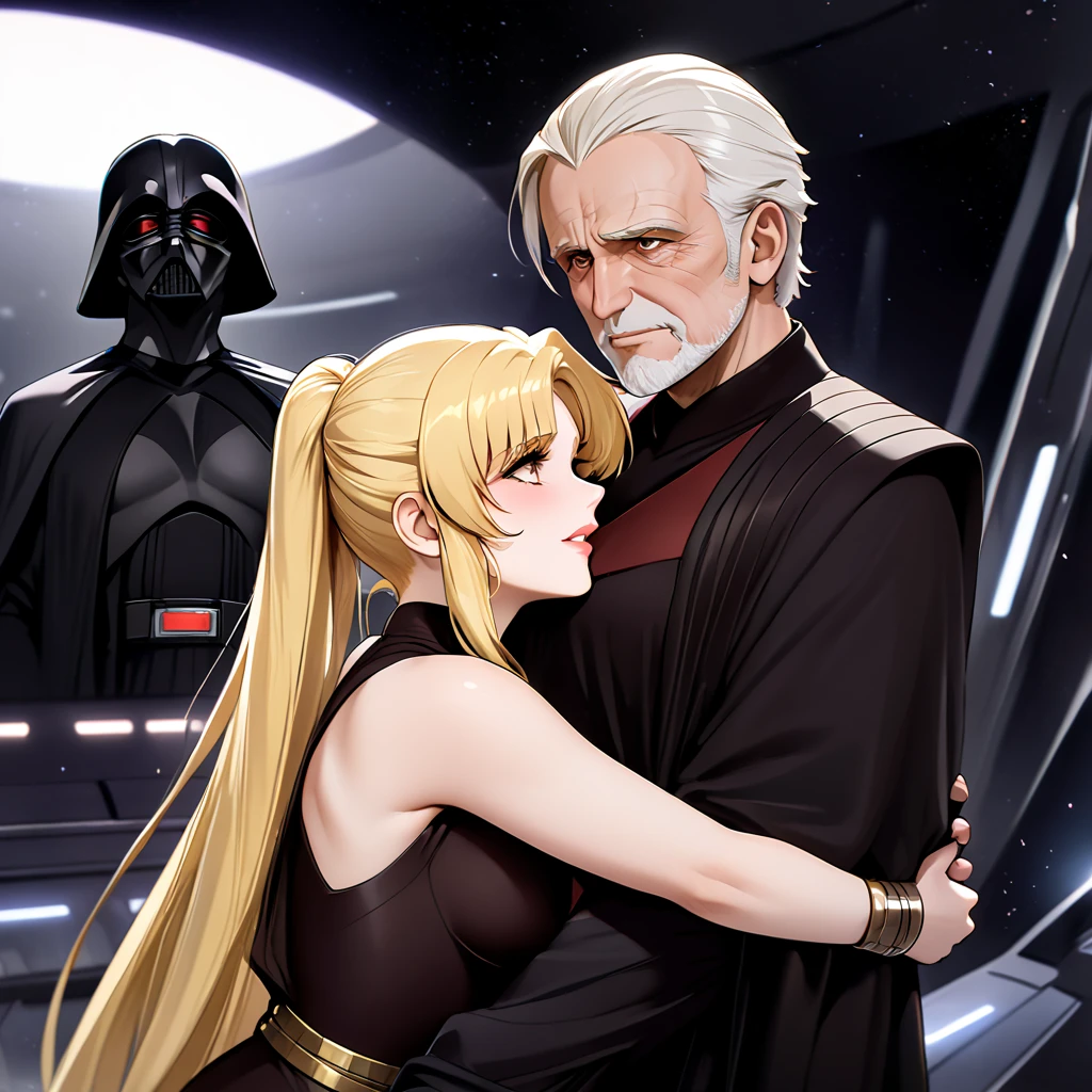 (( top quality)), ((masterpiece)), ( Details), （ Perfect Face）、Fate Testarossa, who has beautiful young blonde hair in the hairstyle of Princess Leia, became the wife of the evil Dark Lord in a gorgeous black dark dress from the Princess of the Dark Lord, wore an engagement ring, and became a couple who sincerely loved each other, hugged and kissed the ugly old man Darth Sidius